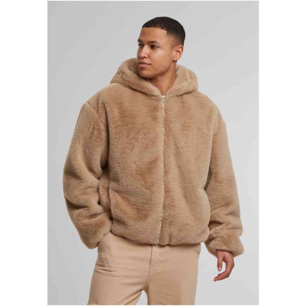 Urban Classics - Faux Fur Kapuzenpullover mit ReiÃŸverschluss - Beige